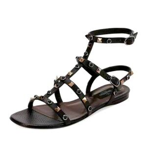 Valentino Garavani Black Gunmetal Rockstud Caged leather flat sandals EU 38